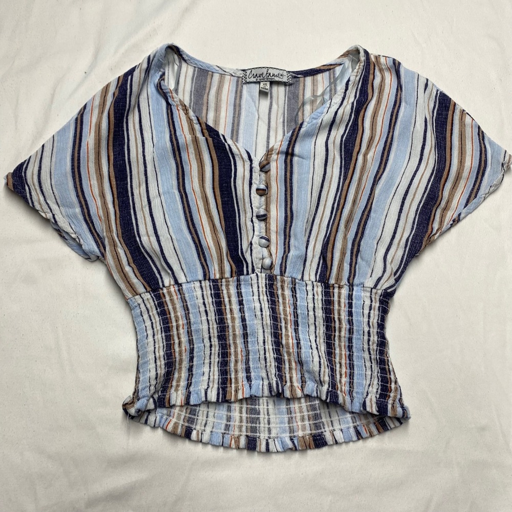Crave Fame Almost Famous Blue Striped Smocked Waist V-Neck Top XS coastal beachy